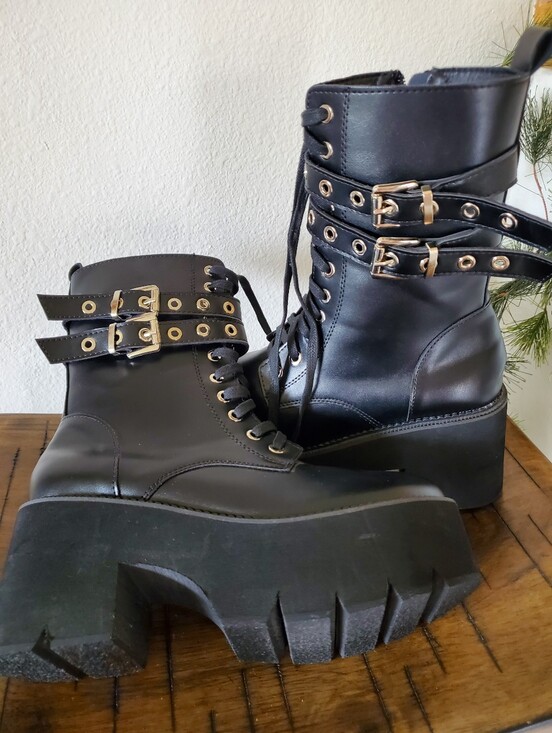 Talv Shoes Shoes - TALV Platform Boot Buckle Lace Up Punk Motorcycle CombatGoth Lightweight Unisex